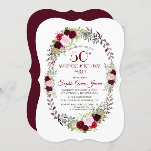 Burgundy Marsala Floral Wreath 50th Birthday Invitation