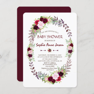 Burgundy Marsala Floral Wreath Baby Shower Invitation