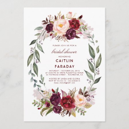 Burgundy - Marsala Floral Wreath Bridal Shower Invitation
