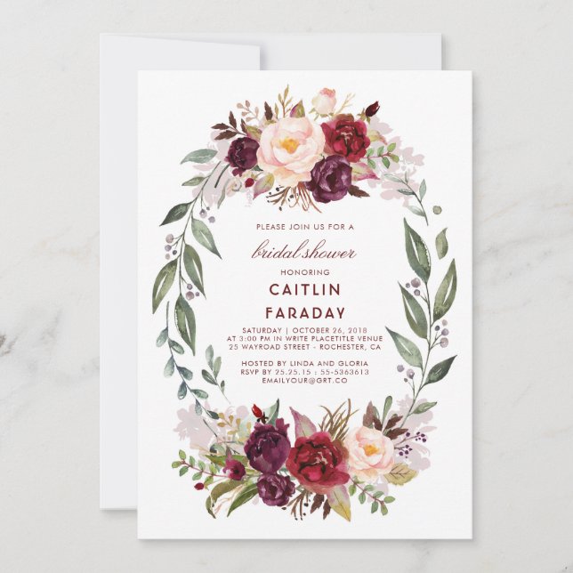 Burgundy - Marsala Floral Wreath Bridal Shower Invitation (Front)