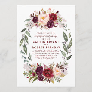 Burgundy - Marsala Floral Wreath Engagement Party Invitation