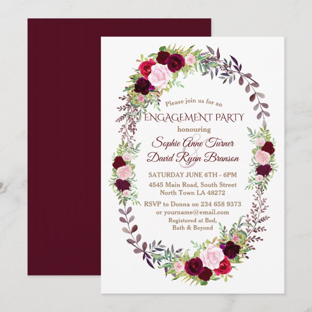 Burgundy Marsala Floral Wreath Engagement Party Invitation (Front/Back)