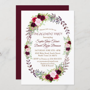 Burgundy Marsala Floral Wreath Engagement Party Invitation