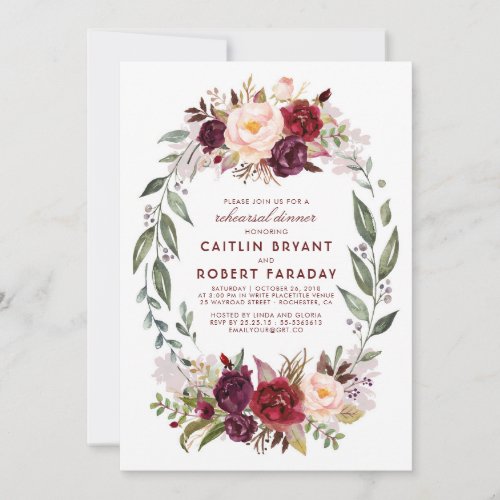 Burgundy _ Marsala Floral Wreath Rehearsal Dinner Invitation