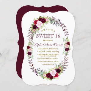 Burgundy Marsala Floral Wreath Sweet 16 Invite