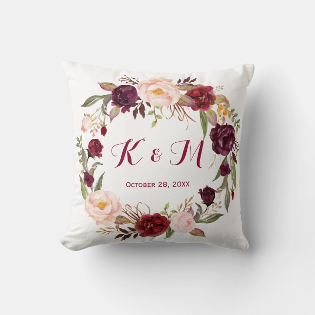 Burgundy Marsala Floral Wreath Wedding Monogram Throw Pillow (Front)