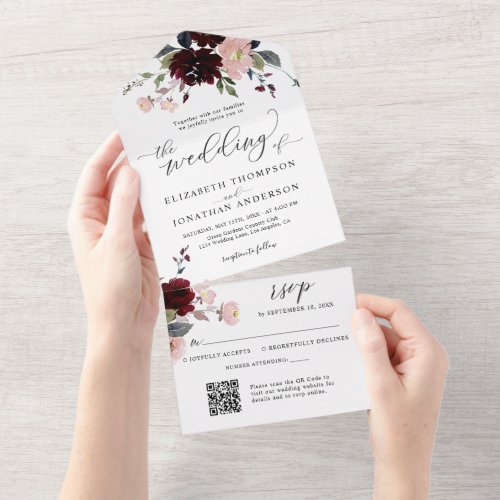 Burgundy Marsala Flowers Wedding Details QR RSVP All In One Invitation