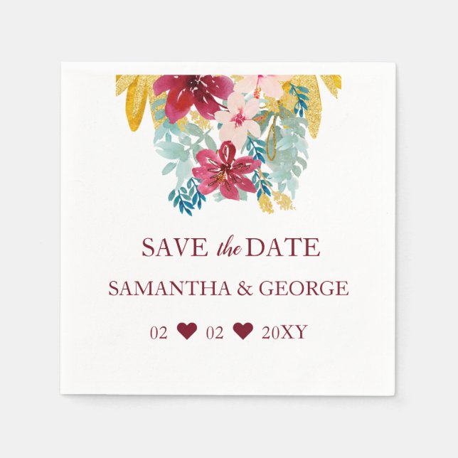 Burgundy Marsala Gold Floral Botanical Wedding Napkins (Front)