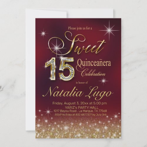 Burgundy Marsala Gold Glitter Sweet 15 Quinceanera Invitation