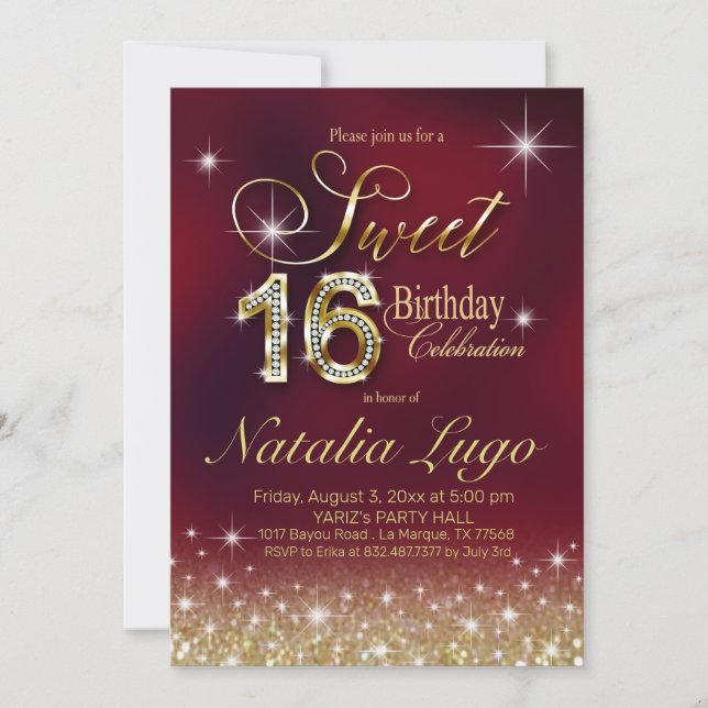 Burgundy Marsala Gold Glitter Sweet 16 Birthday Invitation (Front)