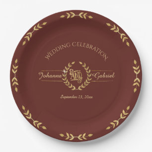 Burgundy Marsala Gold Leaf Greenery Wreath Wedding Paper Plates