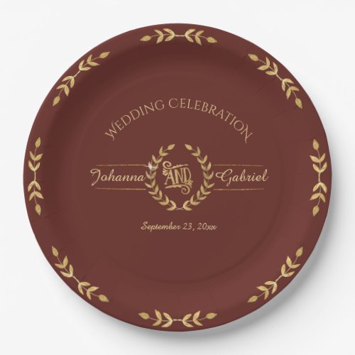 Burgundy Marsala Gold Leaf Greenery Wreath Wedding Paper Plates