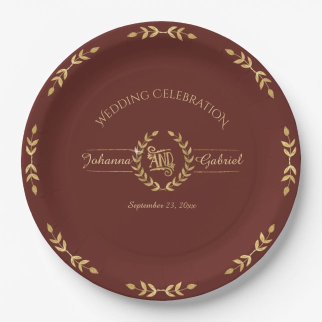 Burgundy Marsala Gold Leaf Greenery Wreath Wedding Paper Plates (Front)