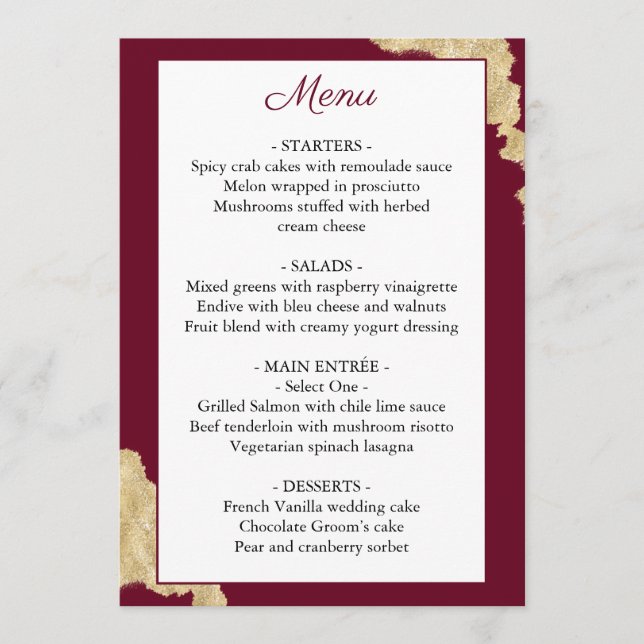 Burgundy Marsala & Gold Wedding Menu (Front)