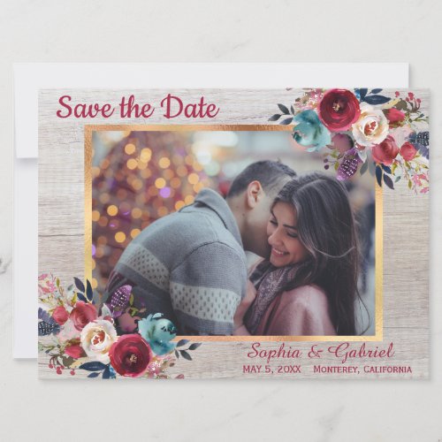 Burgundy Marsala Navy Floral Photo Save the Date