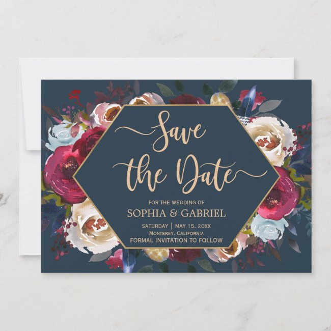 Burgundy Marsala Navy Floral | Save the Date card