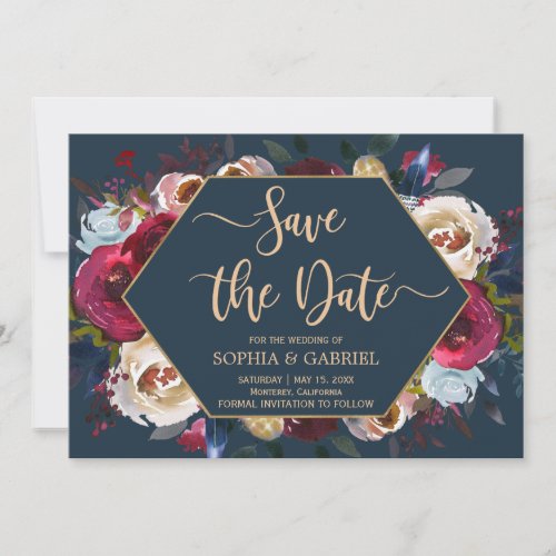 Burgundy Marsala Navy Floral  Save the Date card