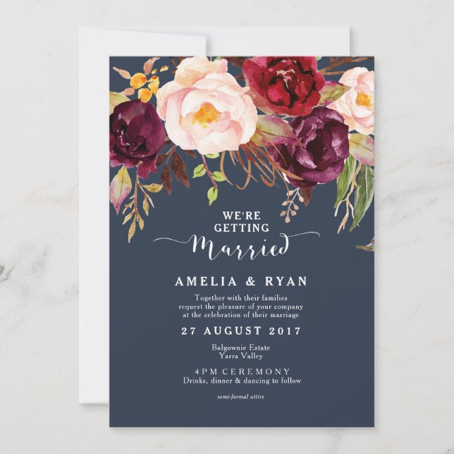 Burgundy Marsala Navy Floral Wedding Invitation (Front)