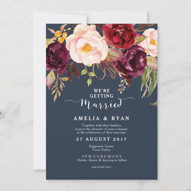 Burgundy Marsala Navy Floral Wedding Invitation | Zazzle