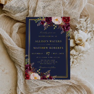 burgundy marsala navy floral wedding invitation
