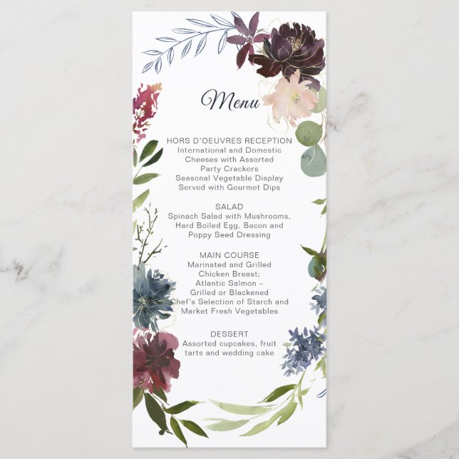 Burgundy Marsala Navy Greenery Wedding Menu (Front)