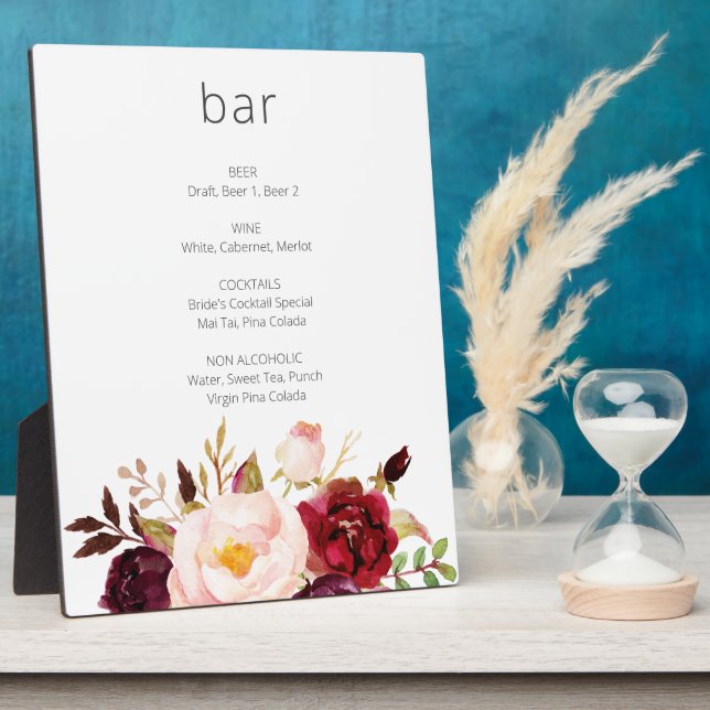 Burgundy Marsala Pink Floral Bar Sign Easel White Plaque (Side)