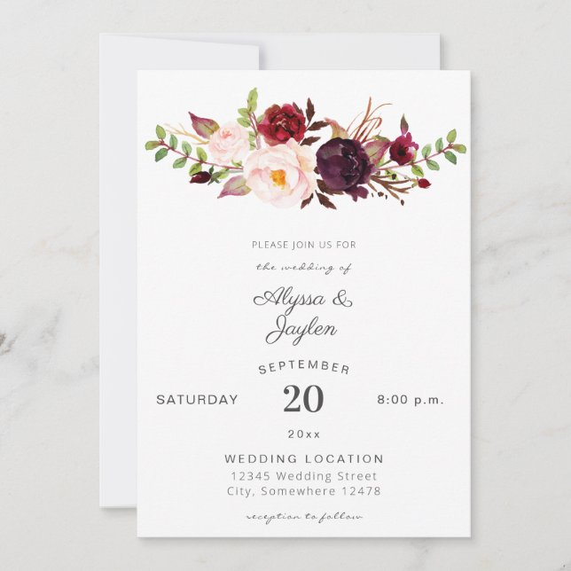 Burgundy Marsala Pink Floral Wedding 2 White Invitation (Front)