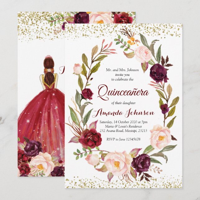 Burgundy Marsala Princess Quinceañera Spanish Invitation (Front/Back)