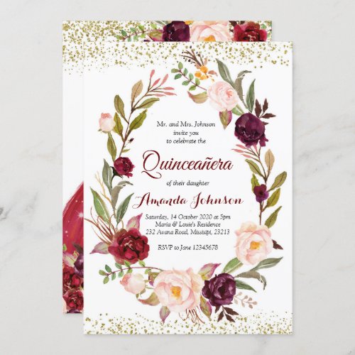 Burgundy Marsala Princess Quinceaera Spanish Invitation