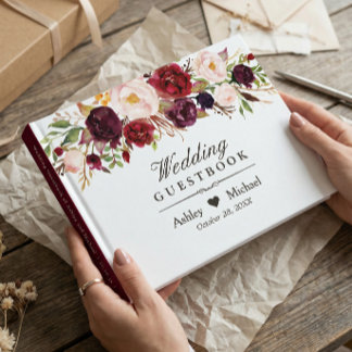 Burgundy Marsala Red Autumn Floral Wedding Guest Book