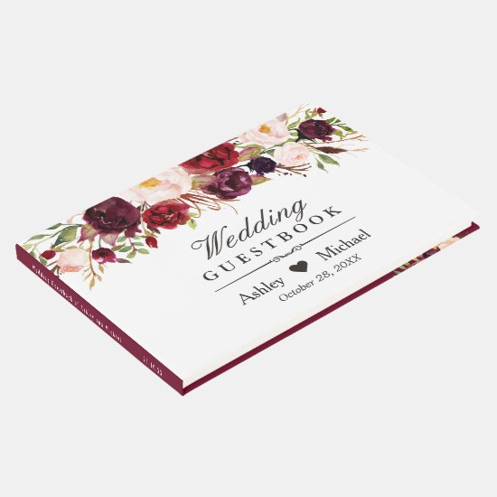 Burgundy Marsala Red Autumn Floral Wedding Guest Book