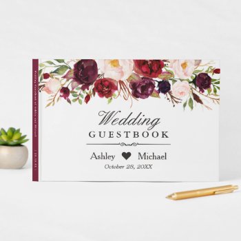 Burgundy Marsala Red Autumn Floral Wedding Guest Book by CardHunter at Zazzle