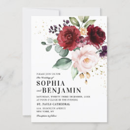 Burgundy Marsala Red Blush Pink Rose Floral Invitation