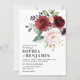 Burgundy Marsala Red Blush Pink Rose Floral Invitation
