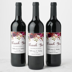 Burgundy Marsala Red Boho Floral Wedding Thank You Wine Label