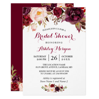 Burgundy Marsala Red Floral Autumn Bridal Shower Invitation