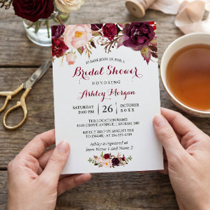 Burgundy Marsala Red Floral Autumn Bridal Shower Invitation