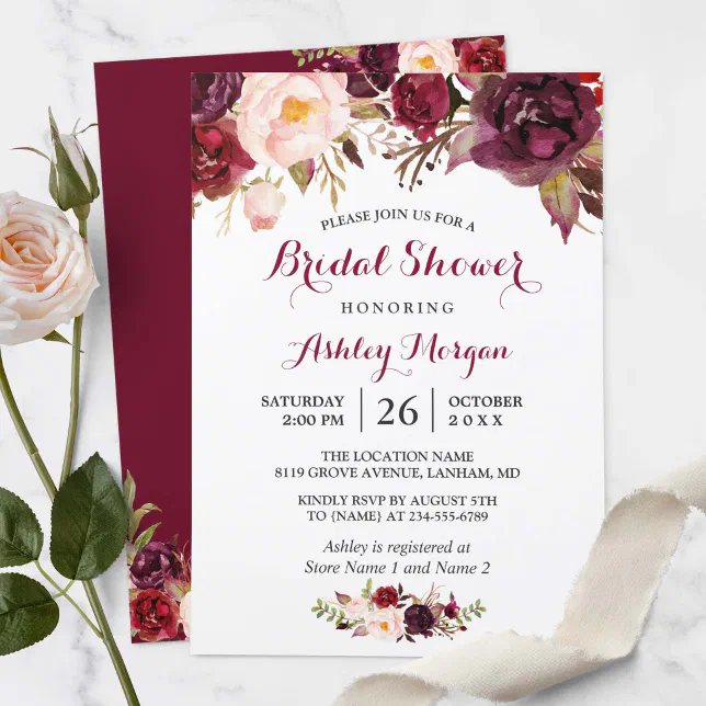 Burgundy Marsala Red Floral Autumn Bridal Shower Invitation | Zazzle