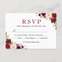 Burgundy Marsala Red Floral Autumn Wedding RSVP