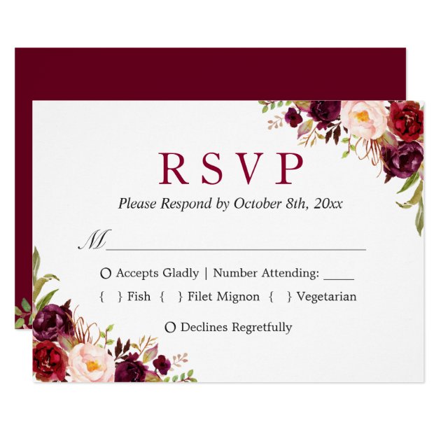 Burgundy Marsala Red Floral Autumn Wedding RSVP Card