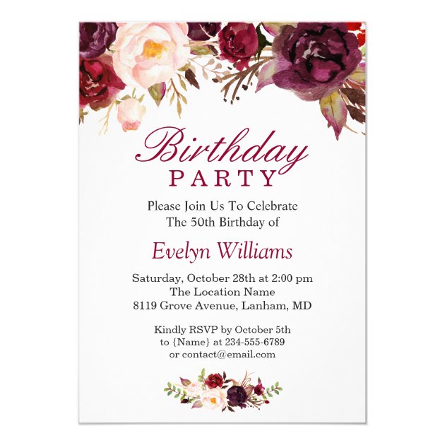 Burgundy Marsala Red Floral Birthday Party Card