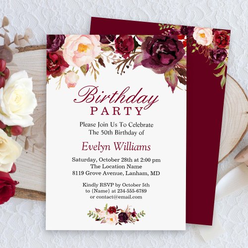 Burgundy Marsala Red Floral Birthday Party Card