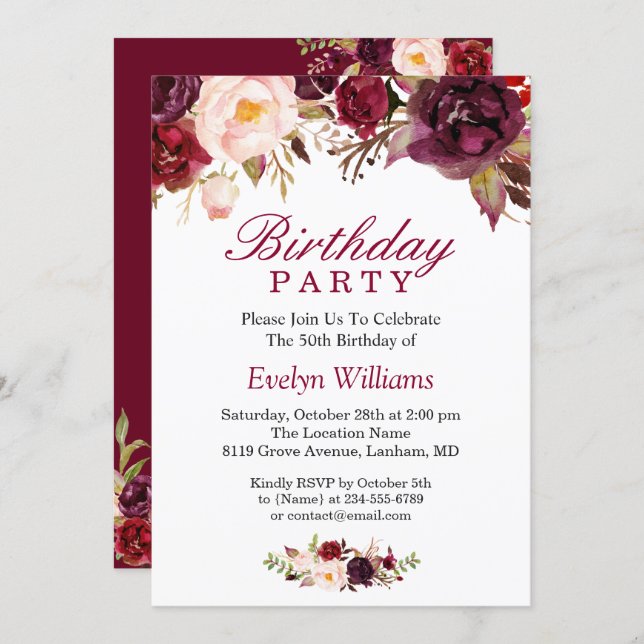 Burgundy Marsala Red Floral Birthday Party Invitation (Front/Back)