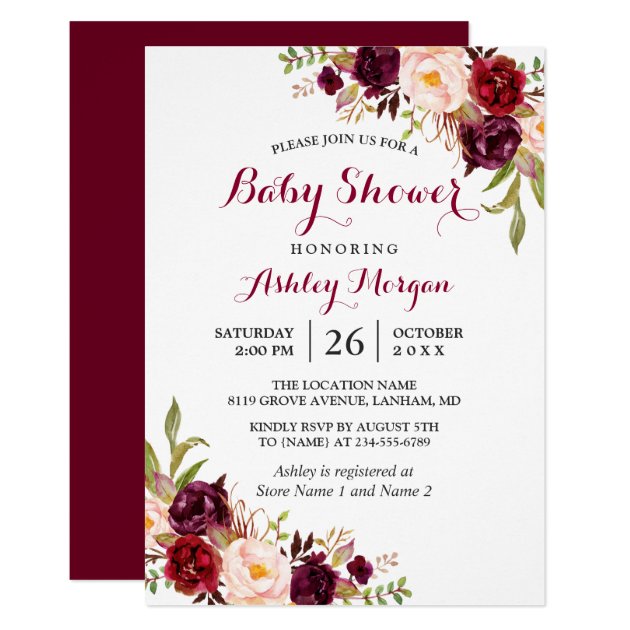 Burgundy Marsala Red Floral Boho Baby Shower Invitation