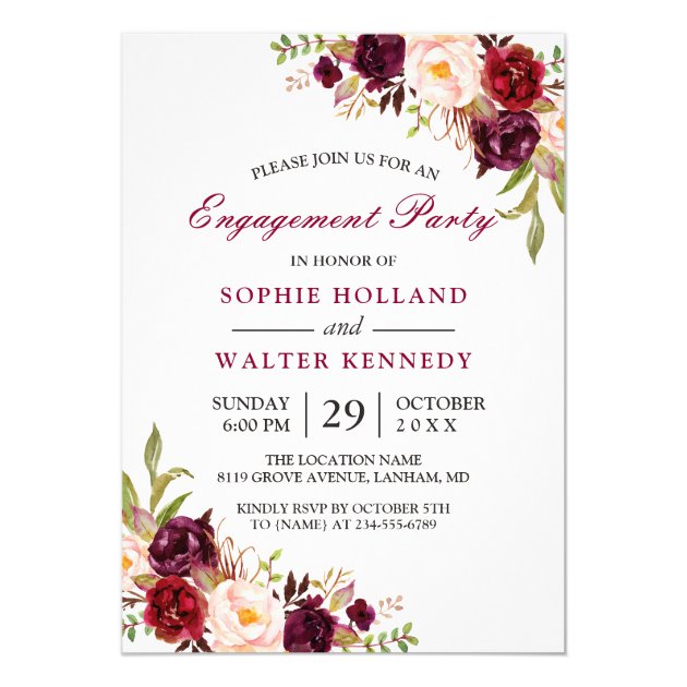 Burgundy Marsala Red Floral Chic Engagement Party Card (front side)