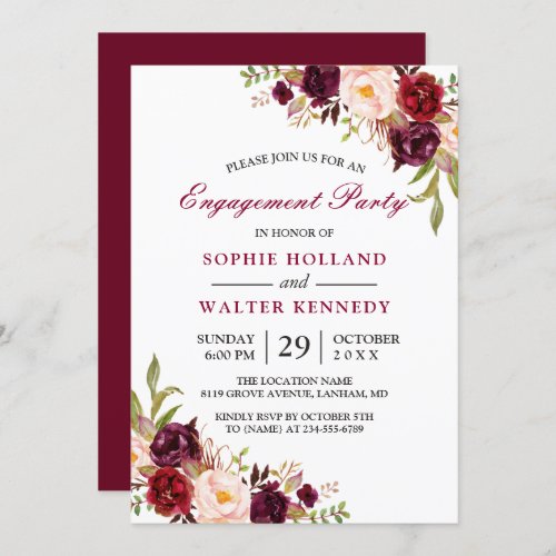 Burgundy Marsala Red Floral Chic Engagement Party Invitation