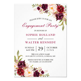 Burgundy Marsala Red Floral Chic Engagement Party Invitation