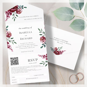 Burgundy   Marsala Red Floral   QR Code RSVP   All In One Invitation