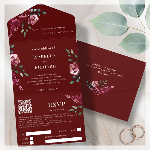 Burgundy  Marsala Red Floral  QR Code RSVP   All In One Invitation