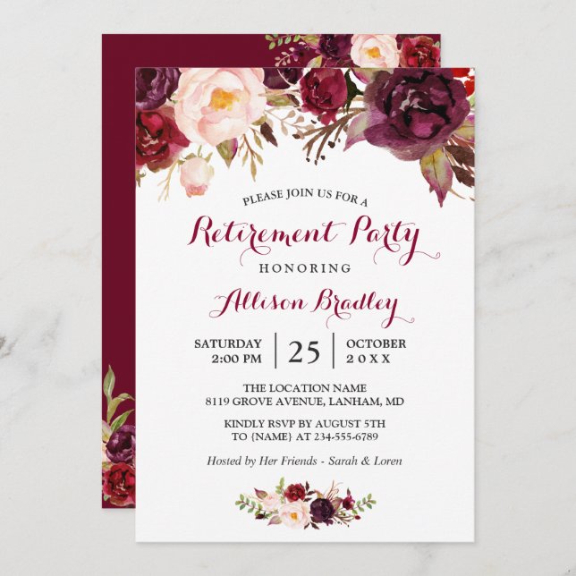 Burgundy Marsala Red Floral Retirement Party Invitation (Front/Back)